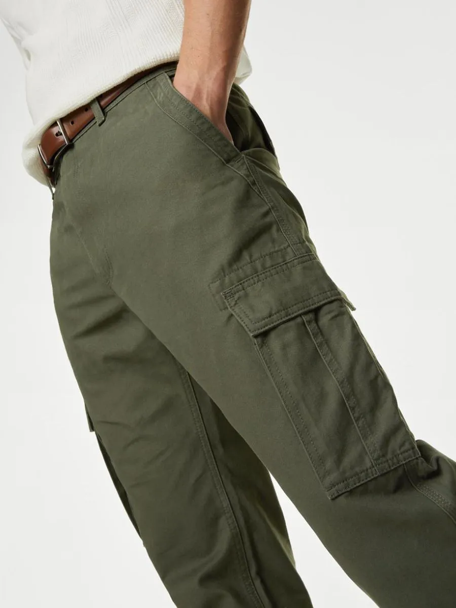 MARKS & SPENCER Men Cargo Trousers Tapered Fit Pure Cotton KH_Khaki