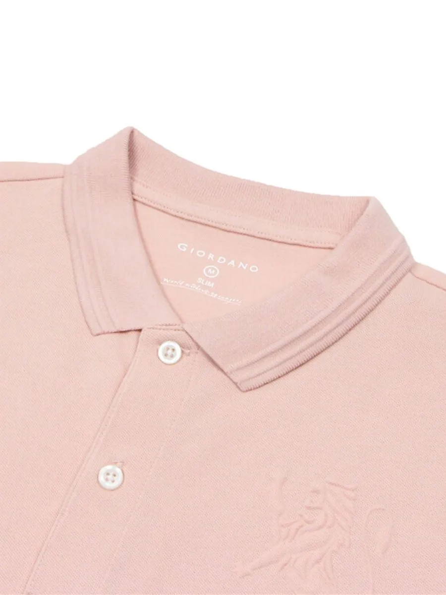 GIORDANO Men's Slim Fit 3D Lion Embroidery Polo Evening Sand Pink