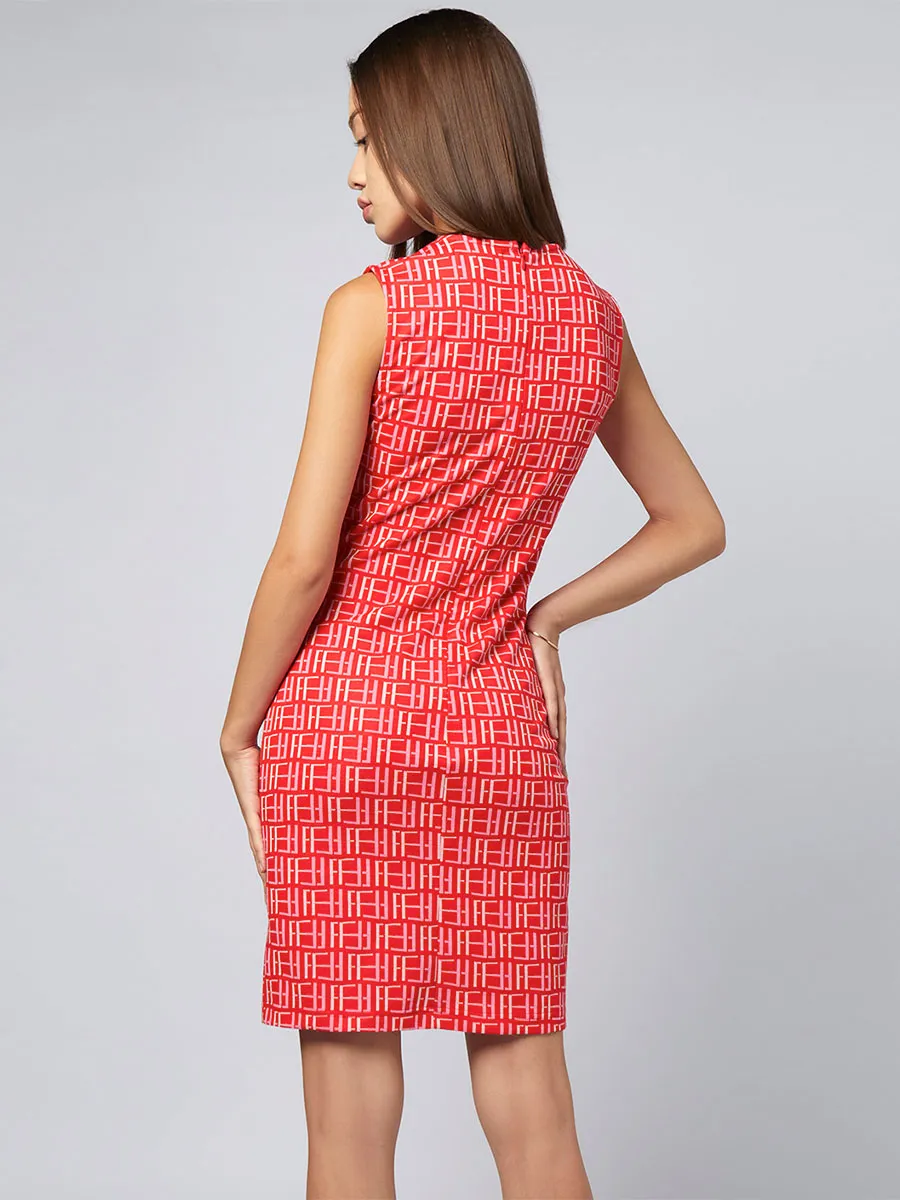 F-FASHION FF Logo Monogram V-Neck Fitted Dress Women Red