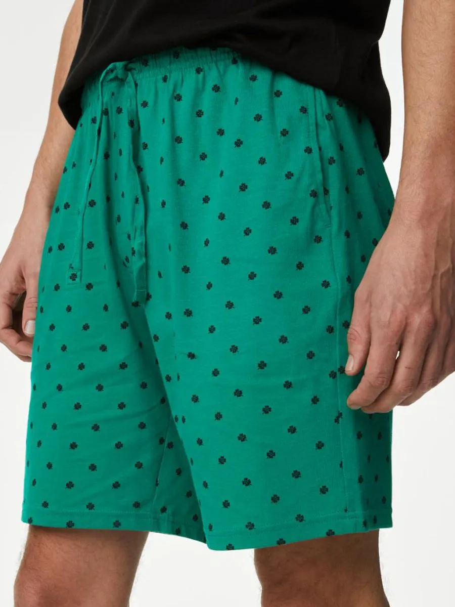 MARKS & SPENCER Men Pyjama Set T-Shirt Short Sleeves + Shorts Pure Cotton Clover Printed J4_Green Mix