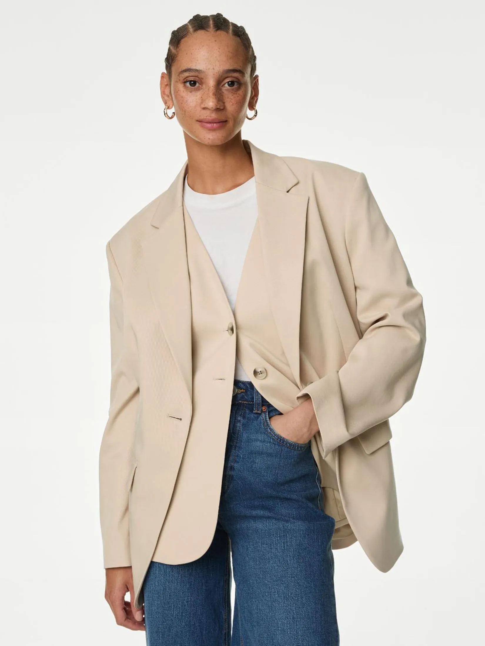 MARKS & SPENCER Women Blazer Lyocell Rich Relaxed Single Breasted Hessian