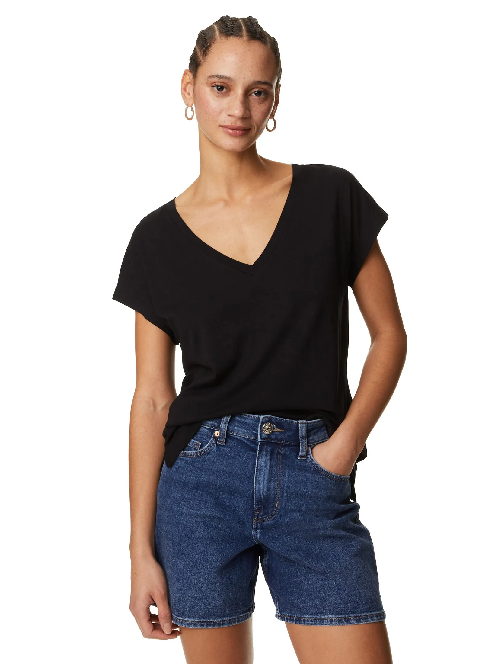 MARKS & SPENCER Women T-Shirt Cotton Rich V-Neck Relaxed Longline