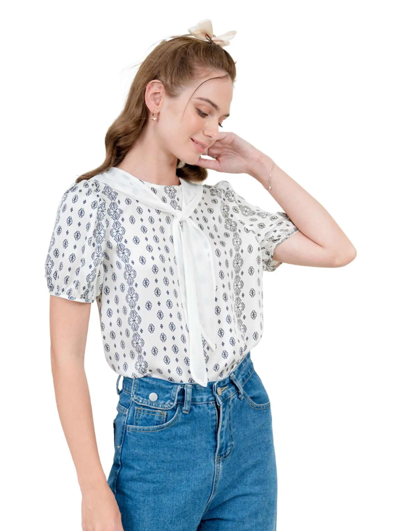AMILA Women Blouse Short Sleeves Vintage Off White