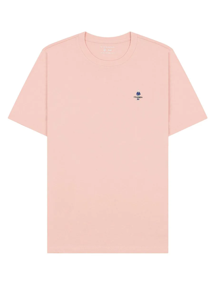 GIORDANO Men's Slim Fit Embroidery Tee (Classic Man) Evening Sand Pink