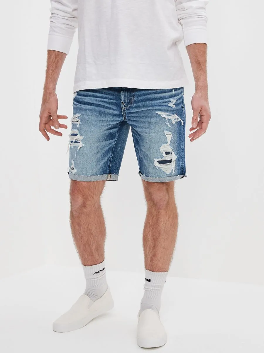 AMERICAN EAGLE MEDIUM DESTROY W/ INDIGO PRINTED BACKING DENIM CUTOFF SHORT - CUT & CUFF 826 MEDIUM DESTROY