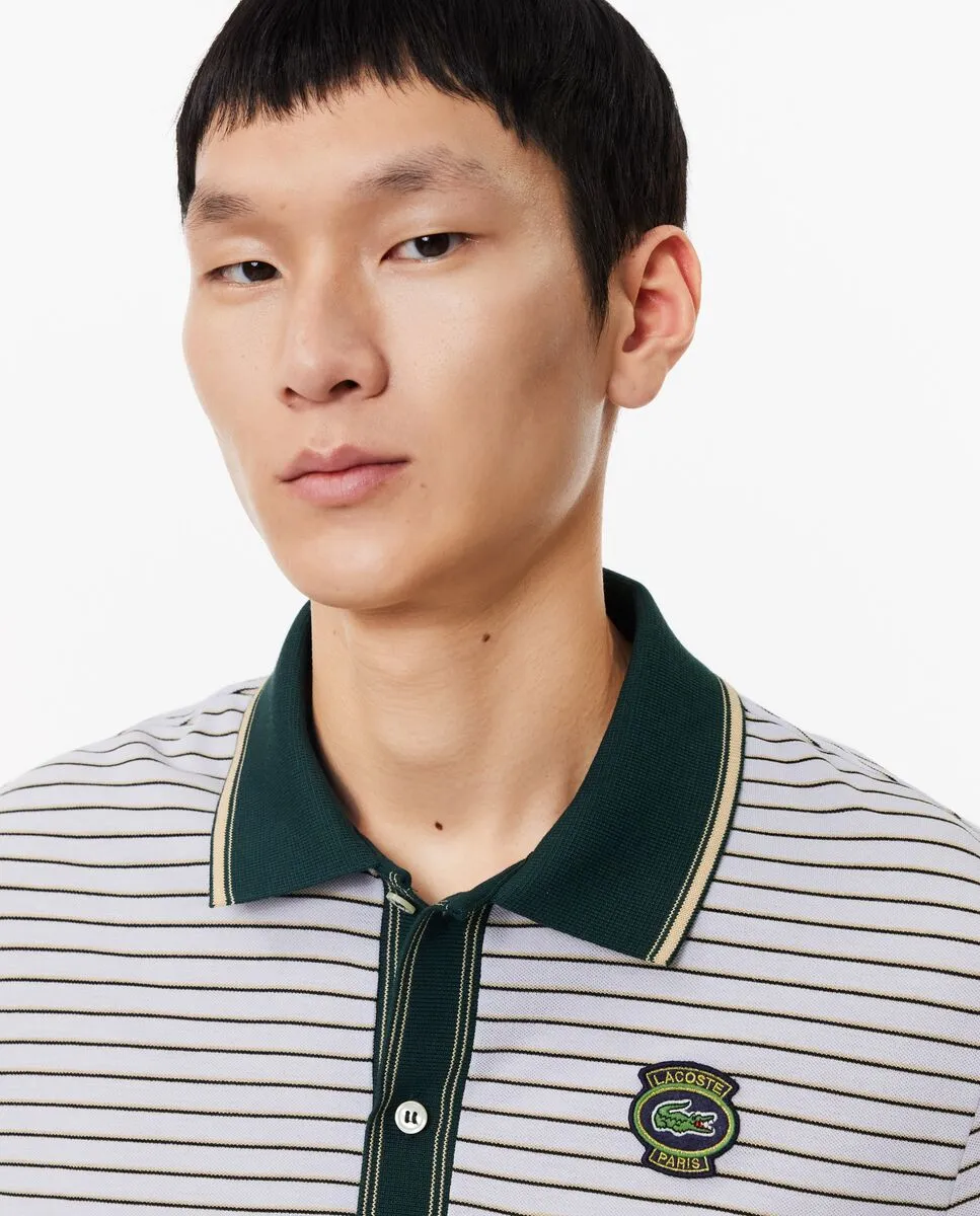 LACOSTE Striped Cotton Piqu  Heritage Badge Polo Shirt Light Blue