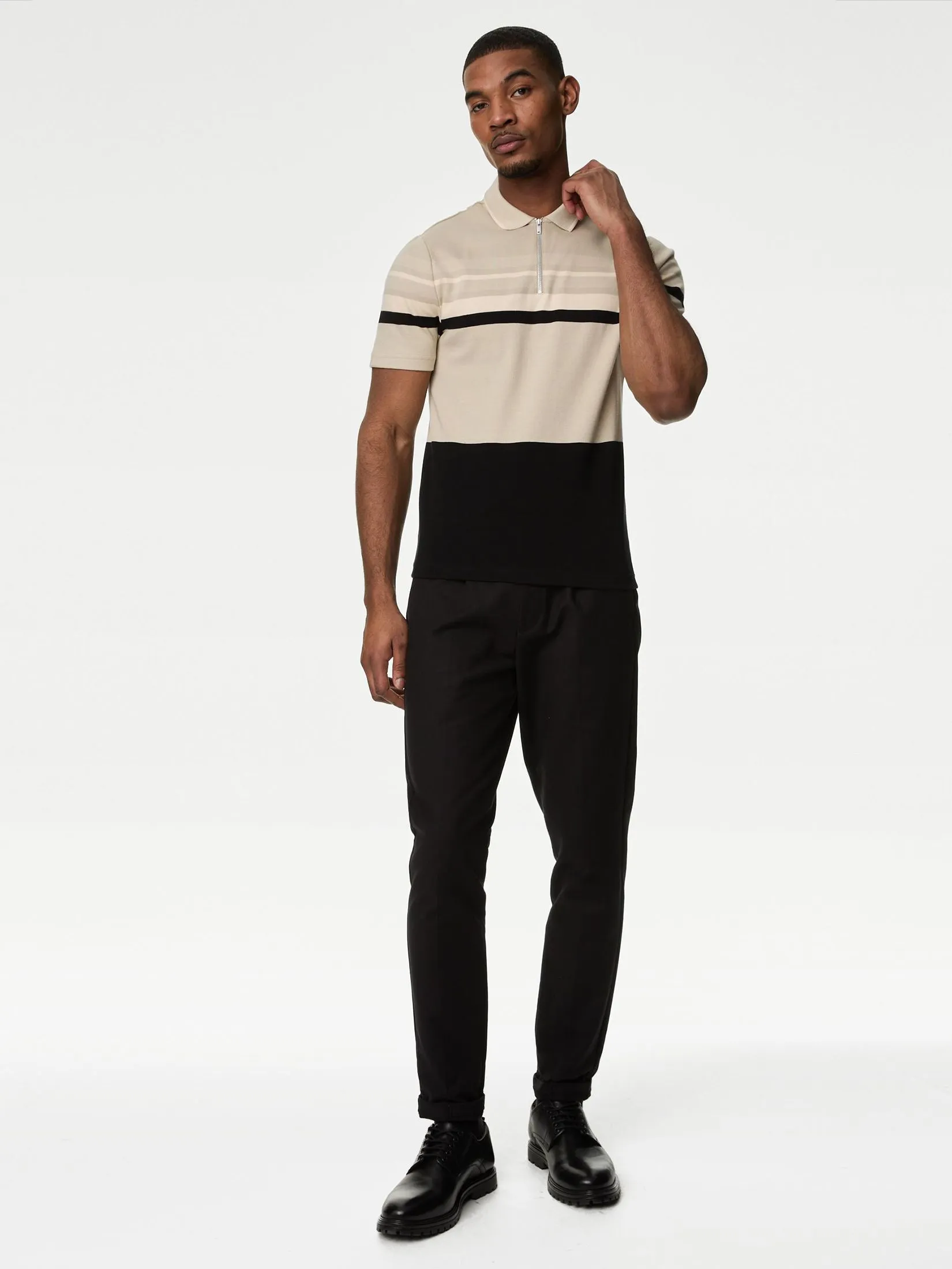 MARKS & SPENCER Men Polo Shirt Pure Cotton Double Knit Striped Natural Mix