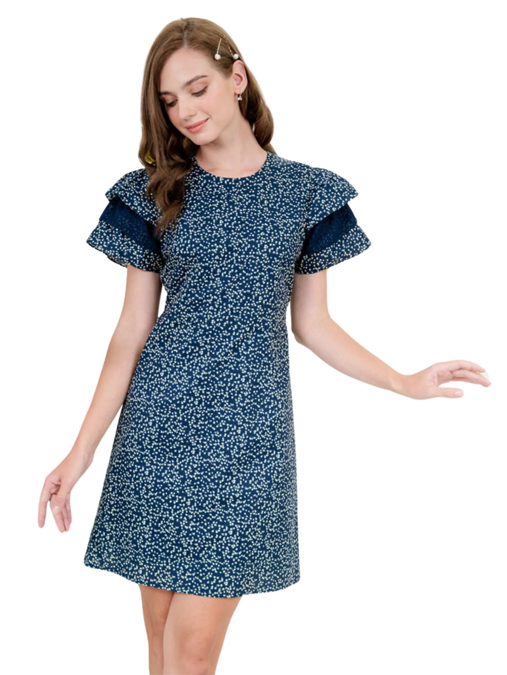 AMILA Women Dress Short Sleeves Rayon Print Navy Blue