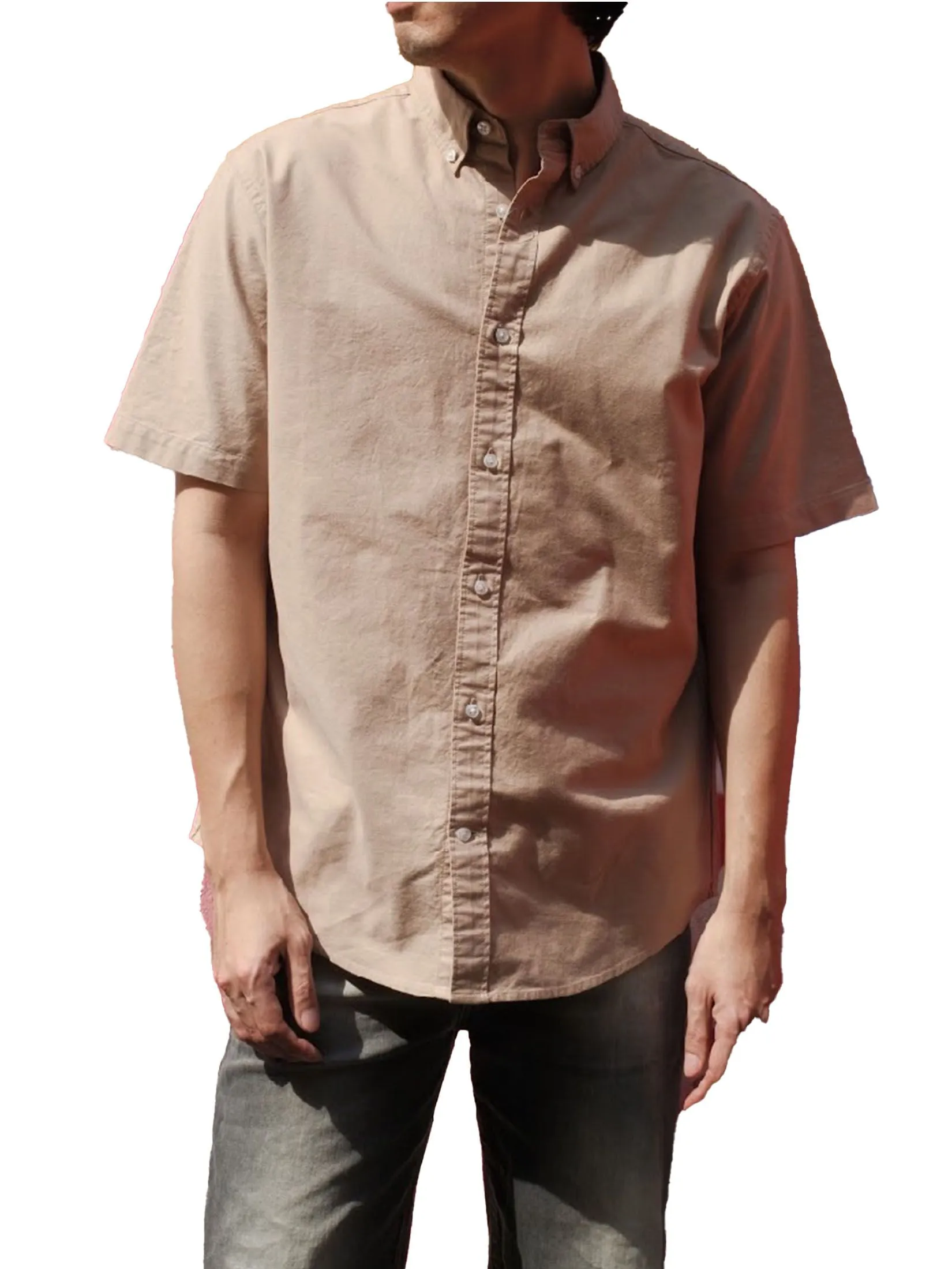 ERA-WON Men's Oxford Shirt Short Sleeve Comfort Fit Beige Size - XL