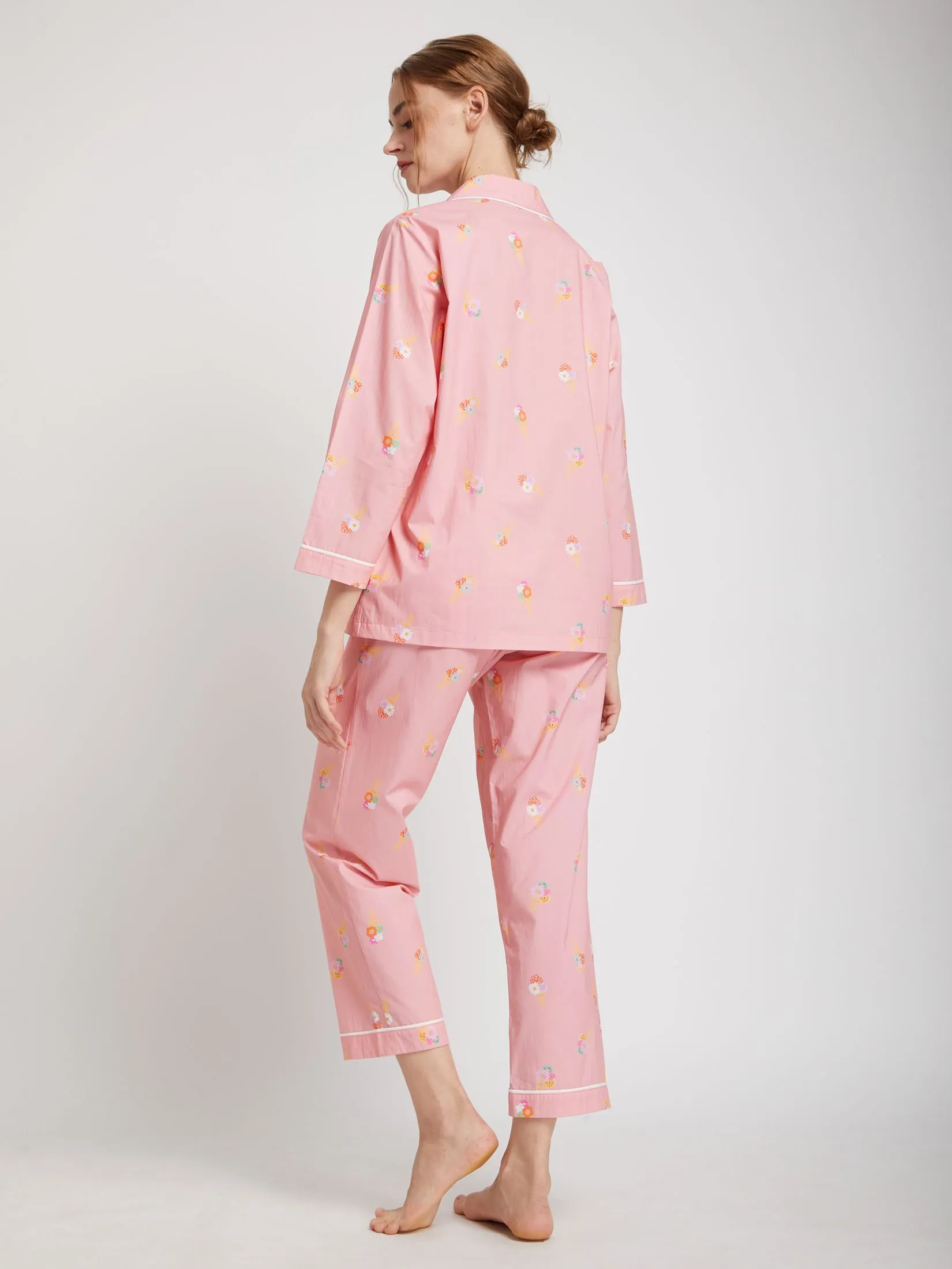 FOF Women Pyjamas Shirt Long Sleeves Collar Neck + Pants Ice Cream Print Pink