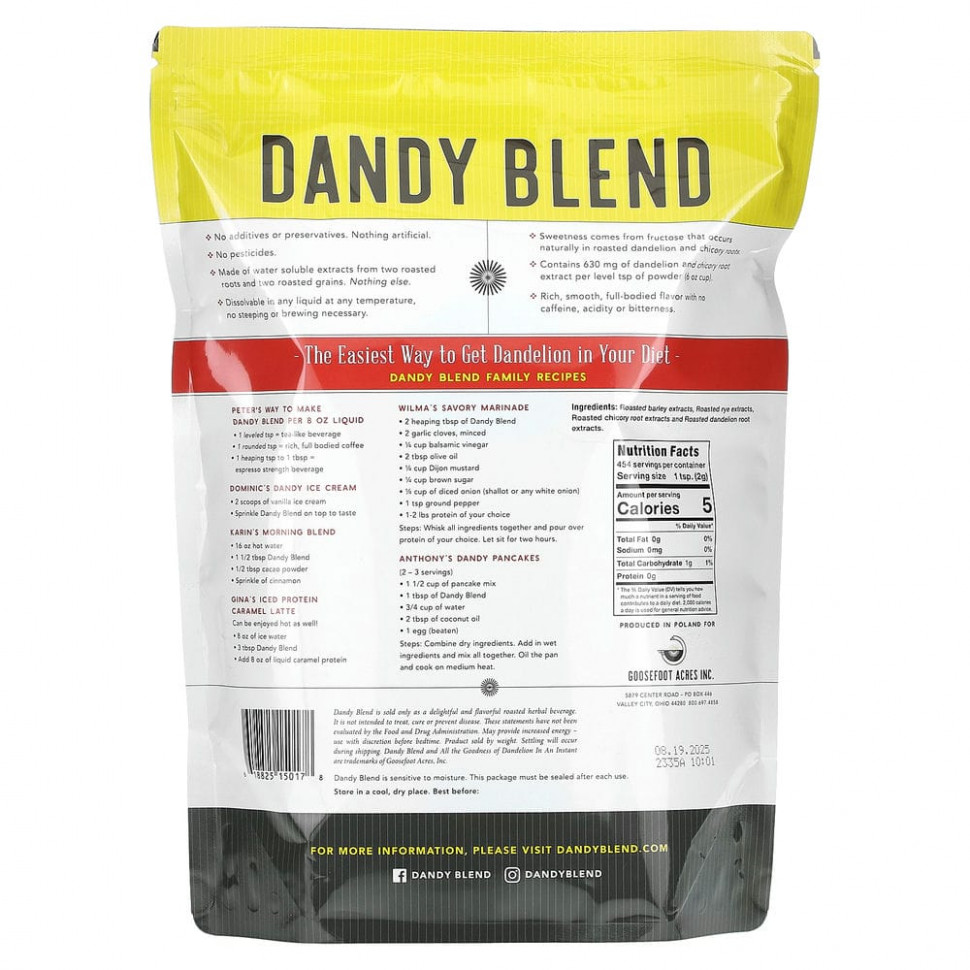 Dandy Blend, растворимый травяной напиток с одуванчиком, без кофеина, 908 г (2 фунта)