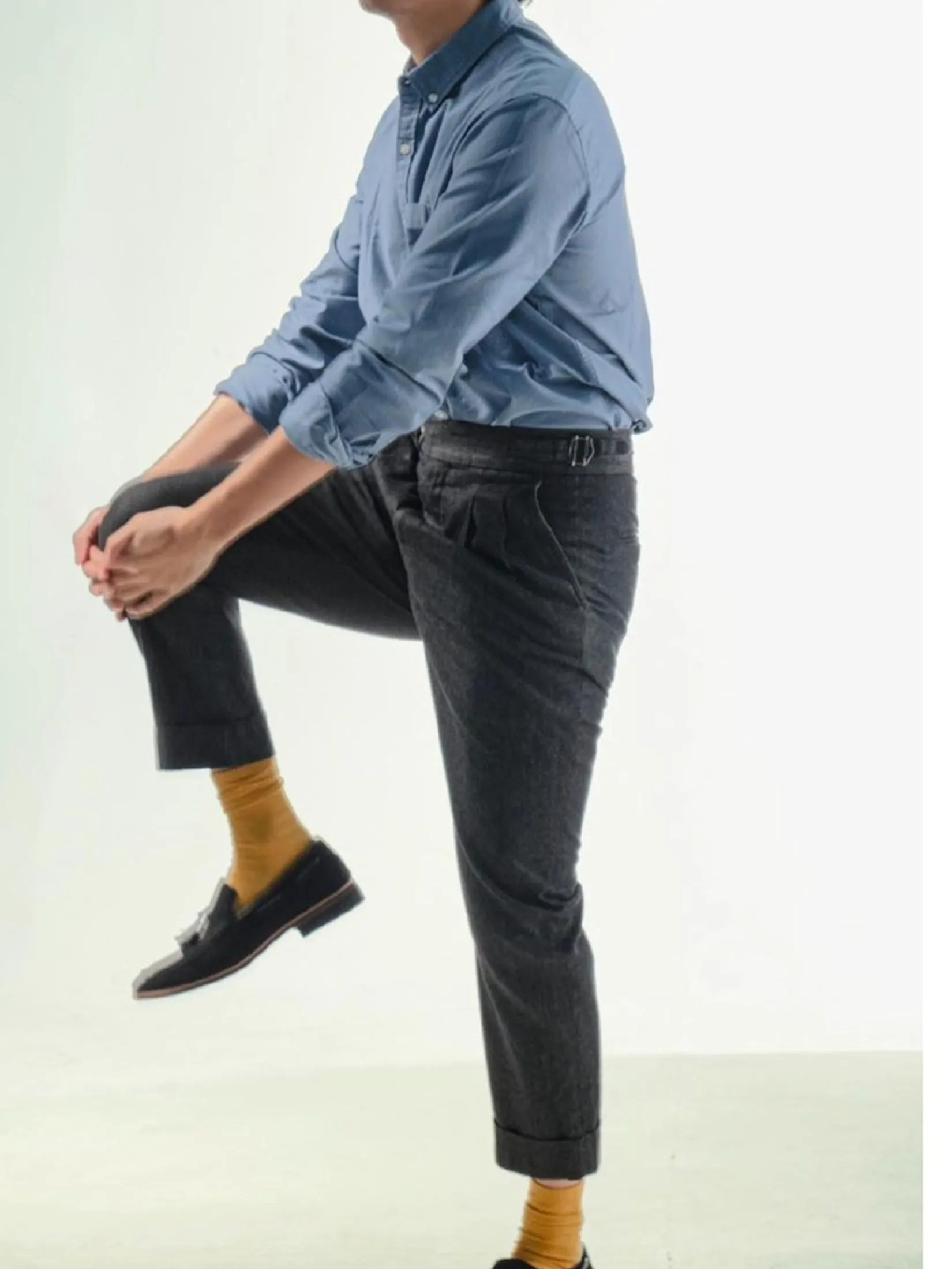 ERA-WON Men's Double belts trousers skinny crop fit Black