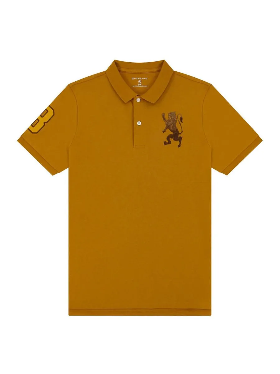 GIORDANO Men's Slim Fit 3D Lion Embroidery Polo Buckthom Brown Yellow