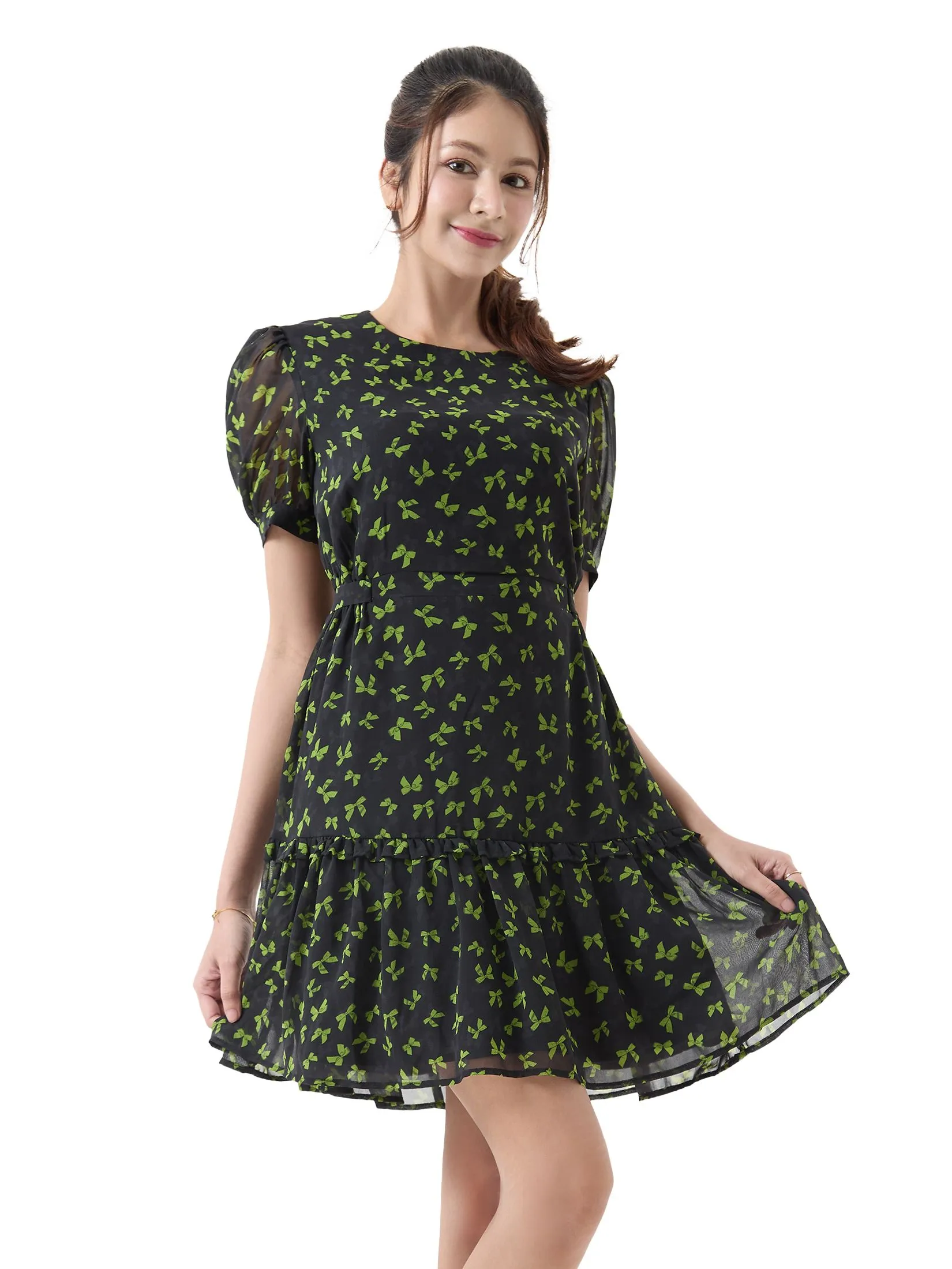 EP Green Bow Print Dress Woman Black