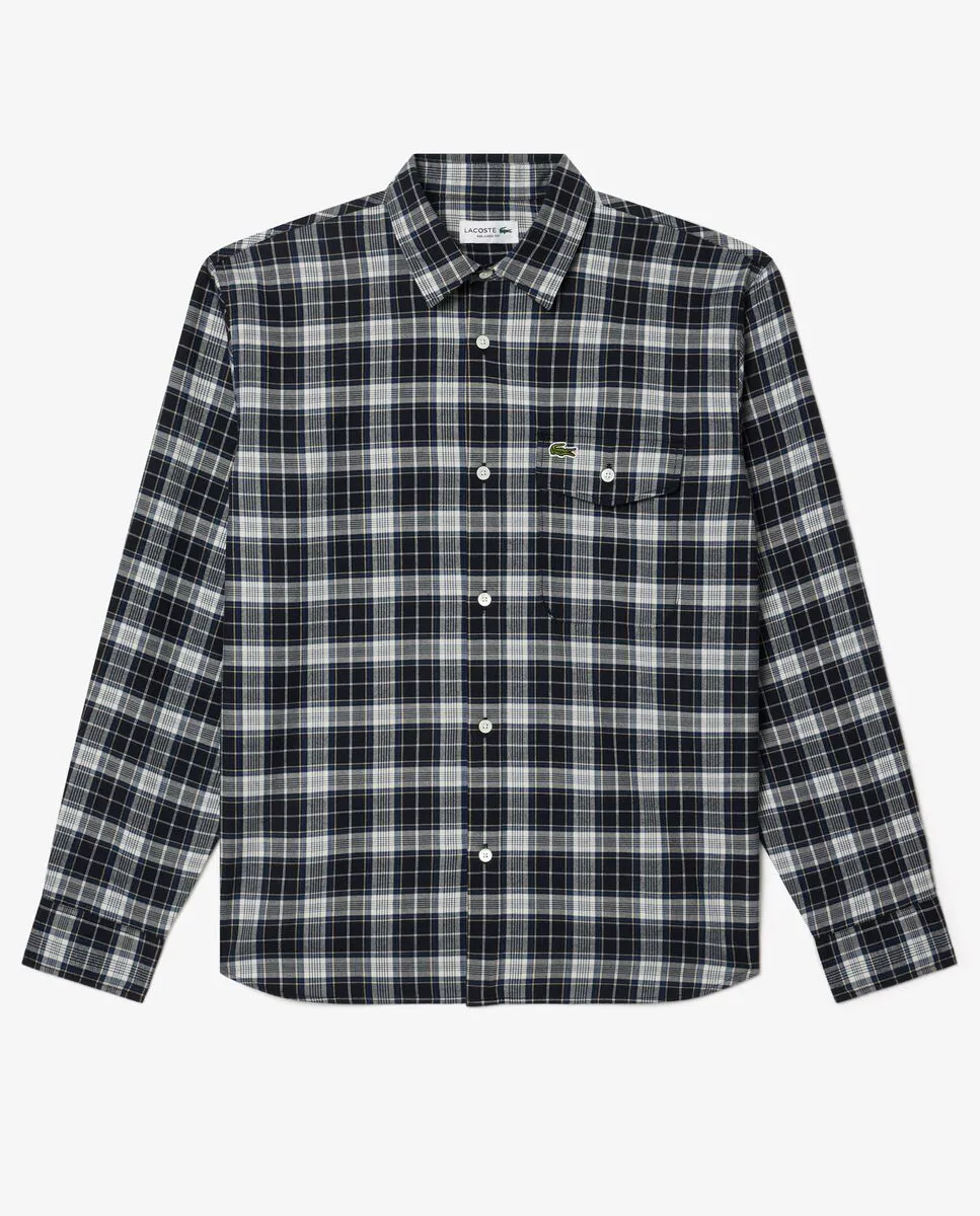 LACOSTE Relaxed Fit Plaid Flannel Overshirt Blue Size - 38