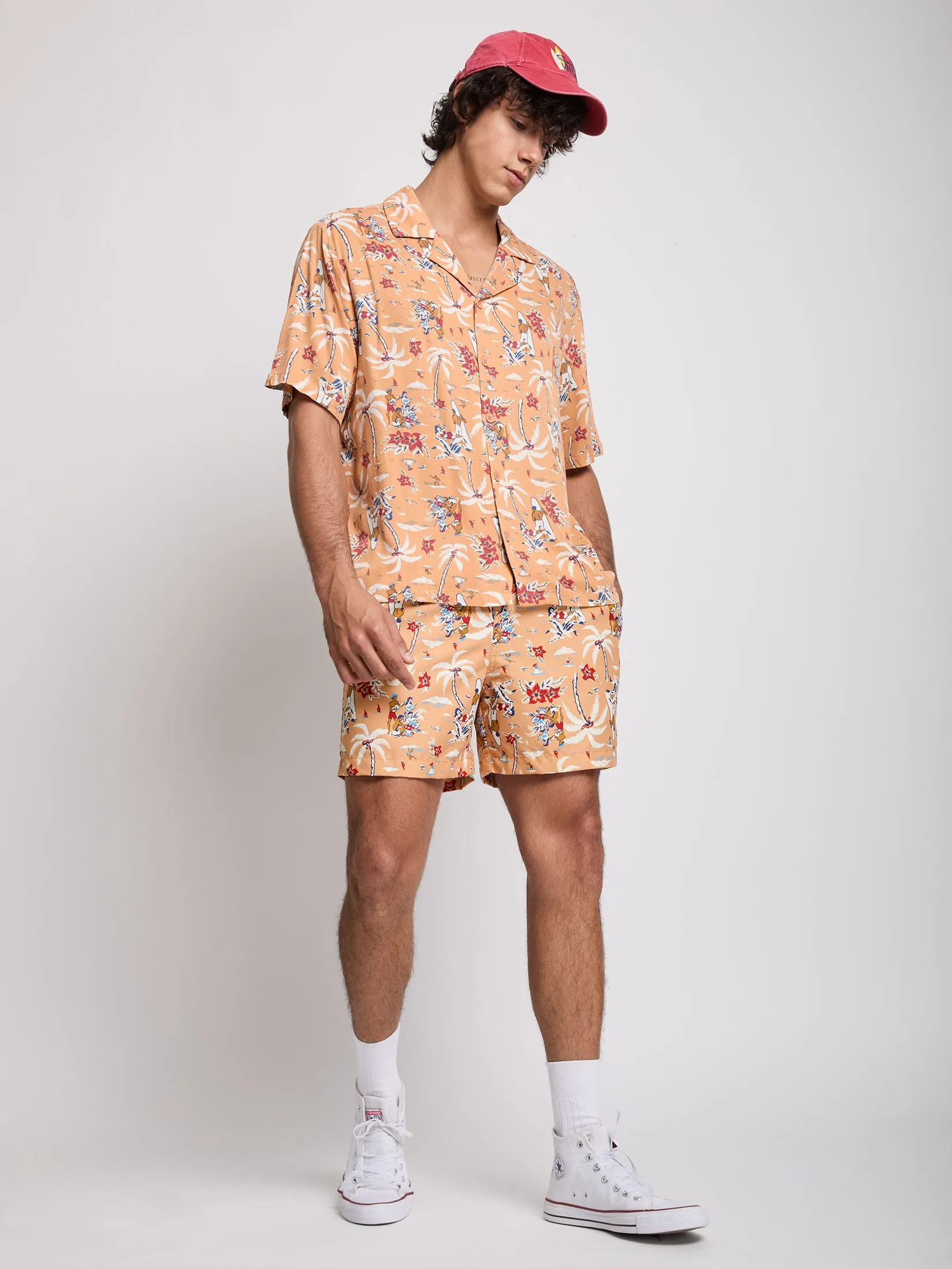 DEFRY 01 Men Shirt Short Sleeves Hawaiian Style Orange