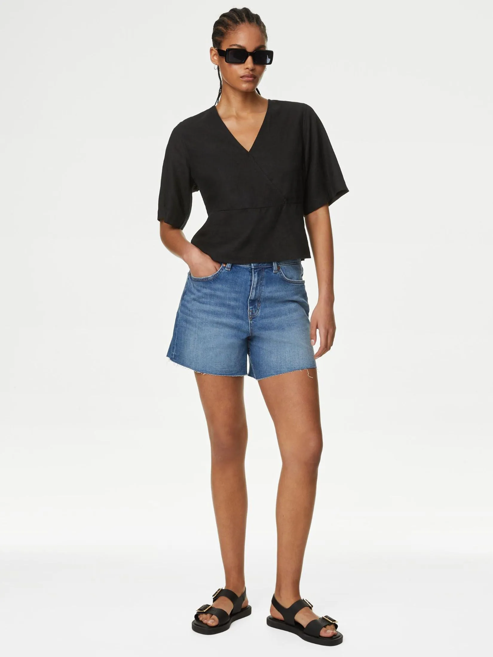 MARKS & SPENCER Women Blouse Linen Rich V Neck Kimono Sleeve Black