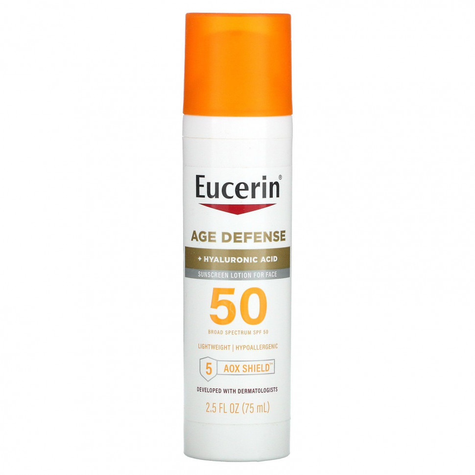 Eucerin, Age Defense, легкий солнцезащитный лосьон для лица, SPF 50, без отдушек, 75 мл (2,5 жидк. Унции)