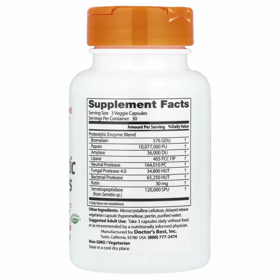 Doctor's Best, протеолитические ферменты, 90 вегетарианских капсул с отсроченным высвобождением