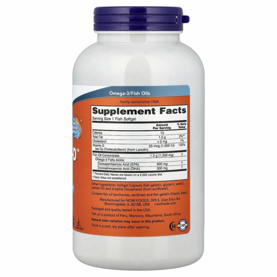 NOW Foods, ультраомега-3 с витамином D, 600 ЭПК / 300 ДГК, 180 капсул из рыбьего желатина