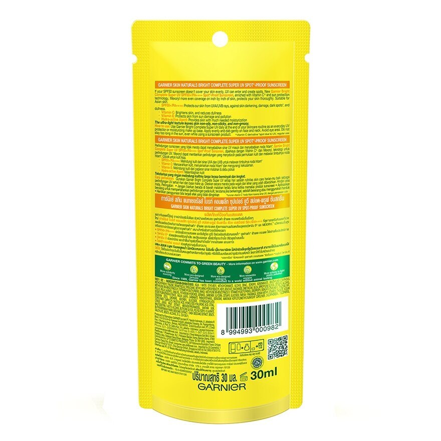 Garnier Bright Complete Vitamin C Super UV Sunscreen SPF50+ PA++++ Natural 30 Ml.