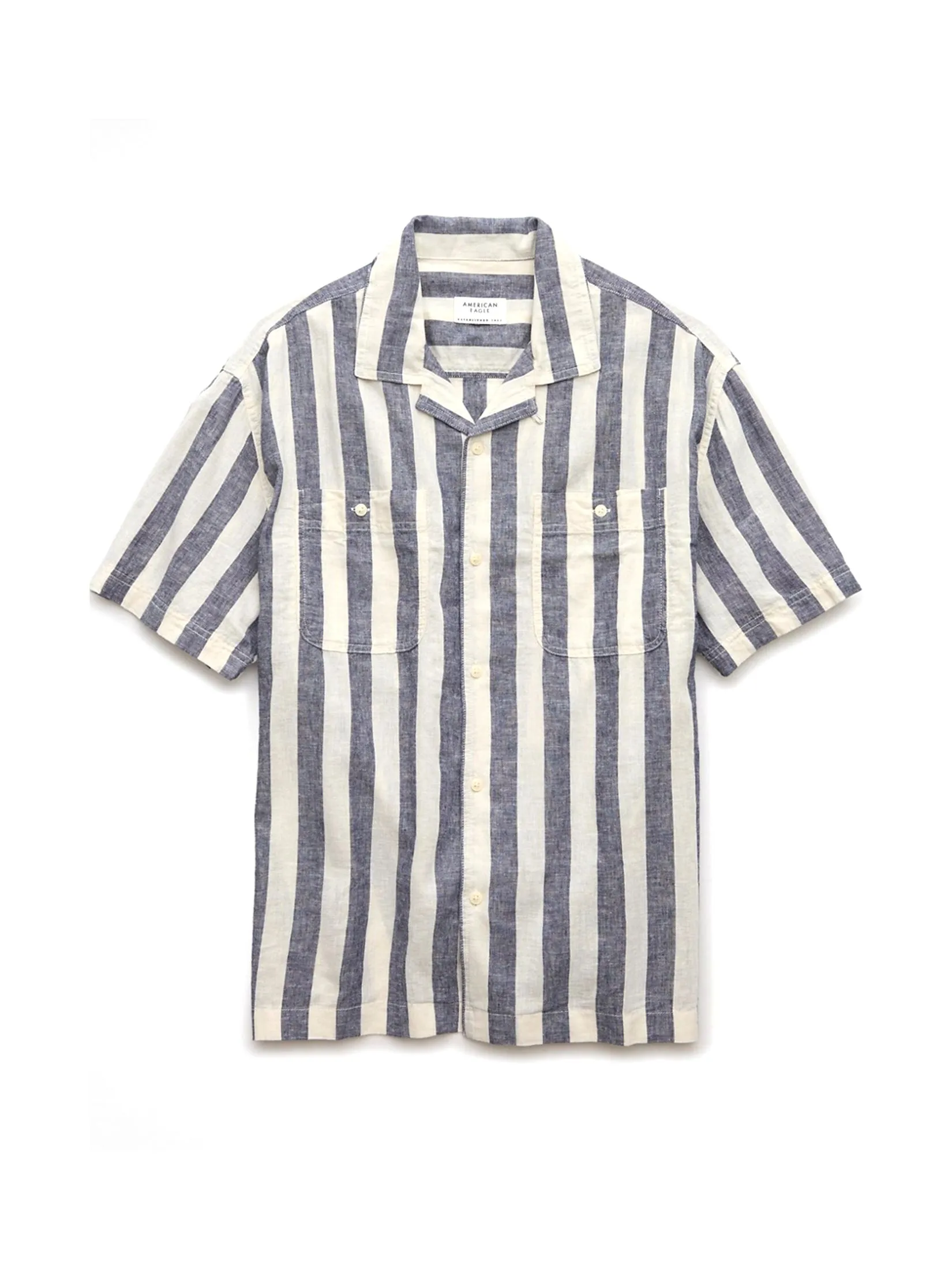AMERICAN EAGLE MEN CALVIN STRIPE SS OVERSIZED CAMP COLLAR 2 PKT CURTIS LINEN SHIRT 010 GLACIER GRAY