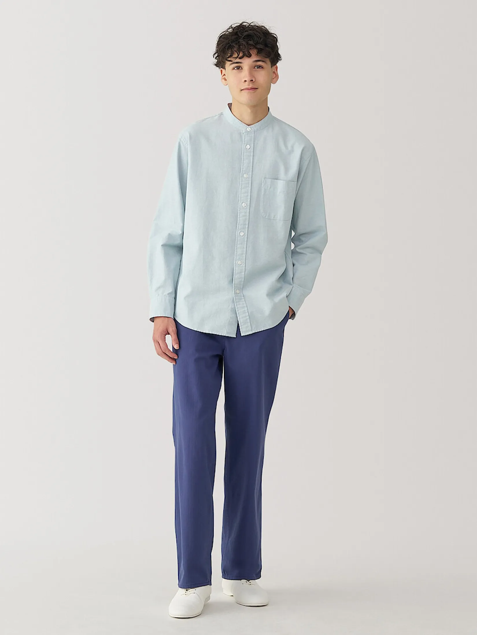 MUJI Men Shirt Long Sleeves Stand Collar Oxford