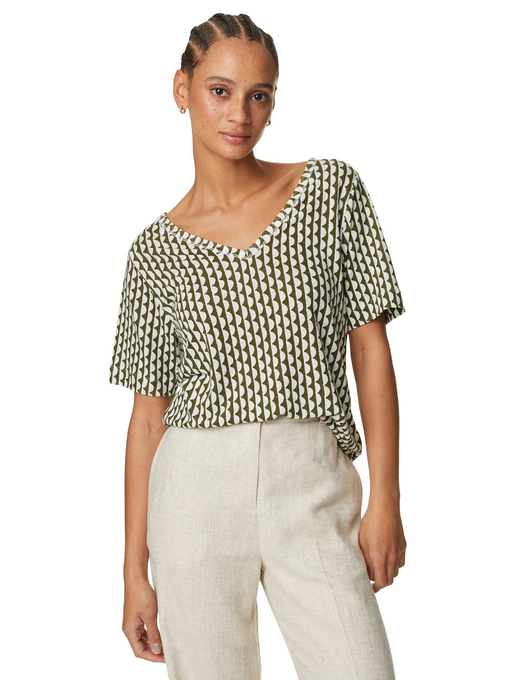 MARKS & SPENCER Women Top V-Neck Linen Blend Printed Khaki Mix