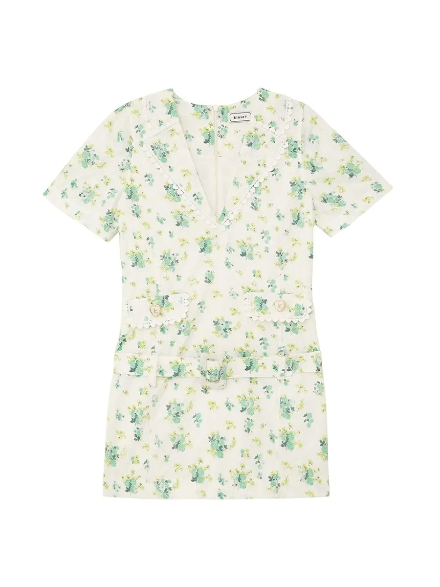 KLOSET (RS23)Flowers Lace Front Pockets Dress With Belt Green