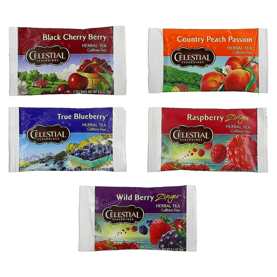 Celestial Seasonings, Fruit Tea Sampler, травяной чай, без кофеина, 5 вкусов, 18 чайных пакетиков, весом 40 г (1,4 унции) каждый