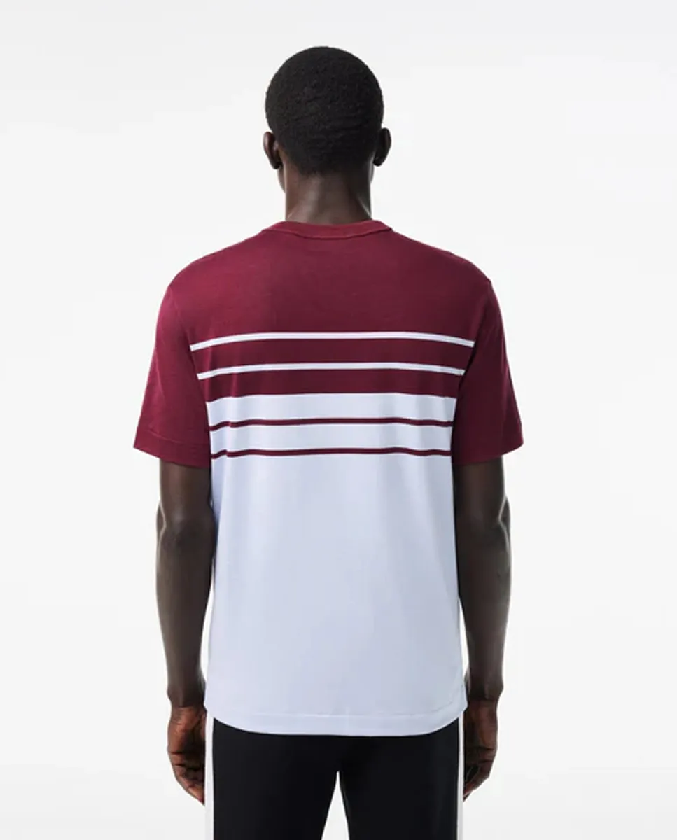 LACOSTE French Made Striped Jersey T-Shirt Light Blue/Bordeaux