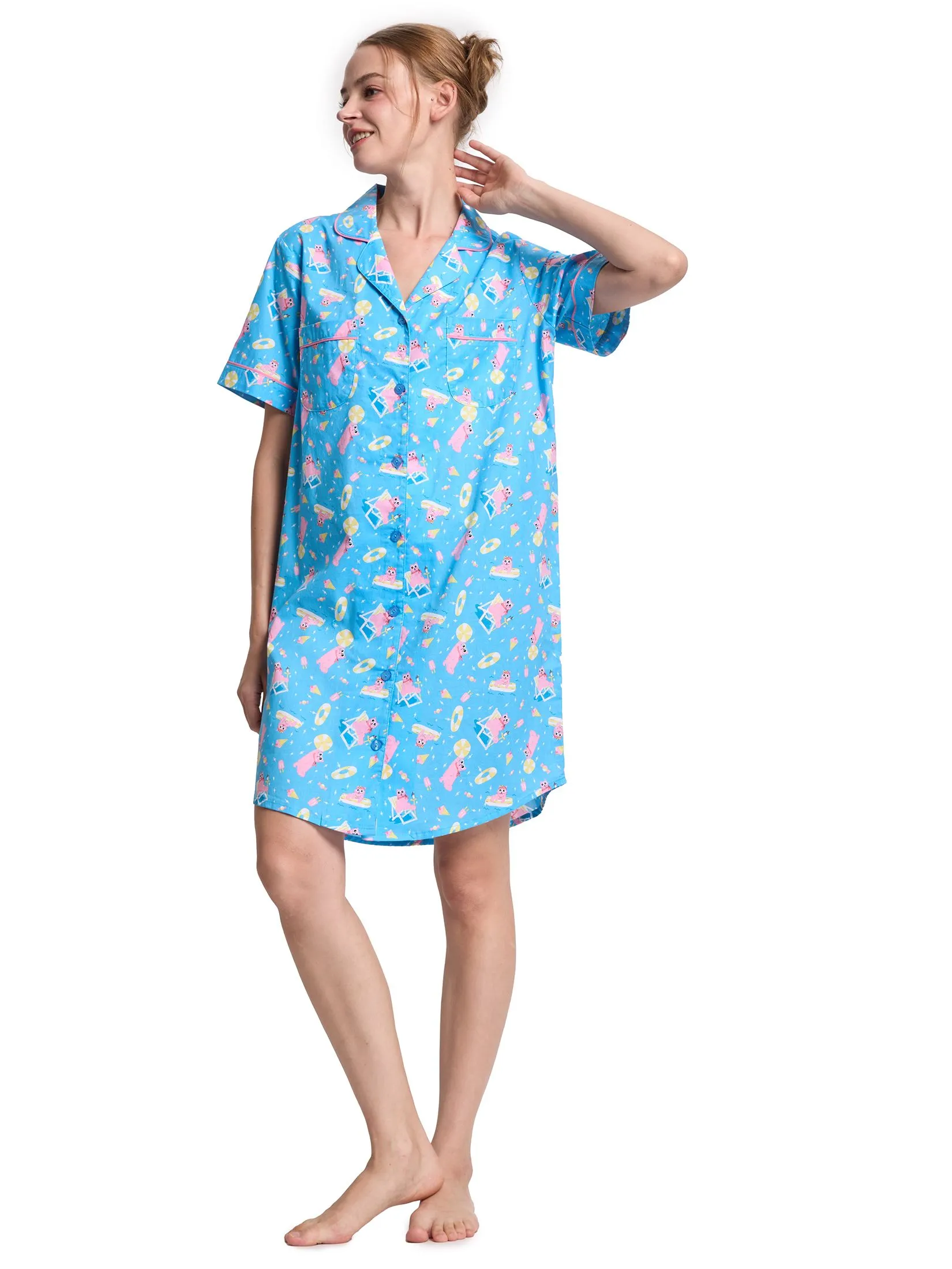 FOF Women Night Dress Cat Print Blue