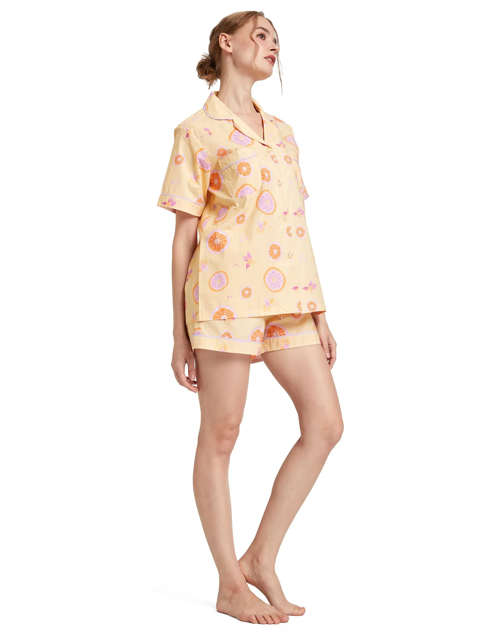 FOF Women Pyjamas Shirt Short Sleeves Collar Neck + Shorts Lemon Print Yellow