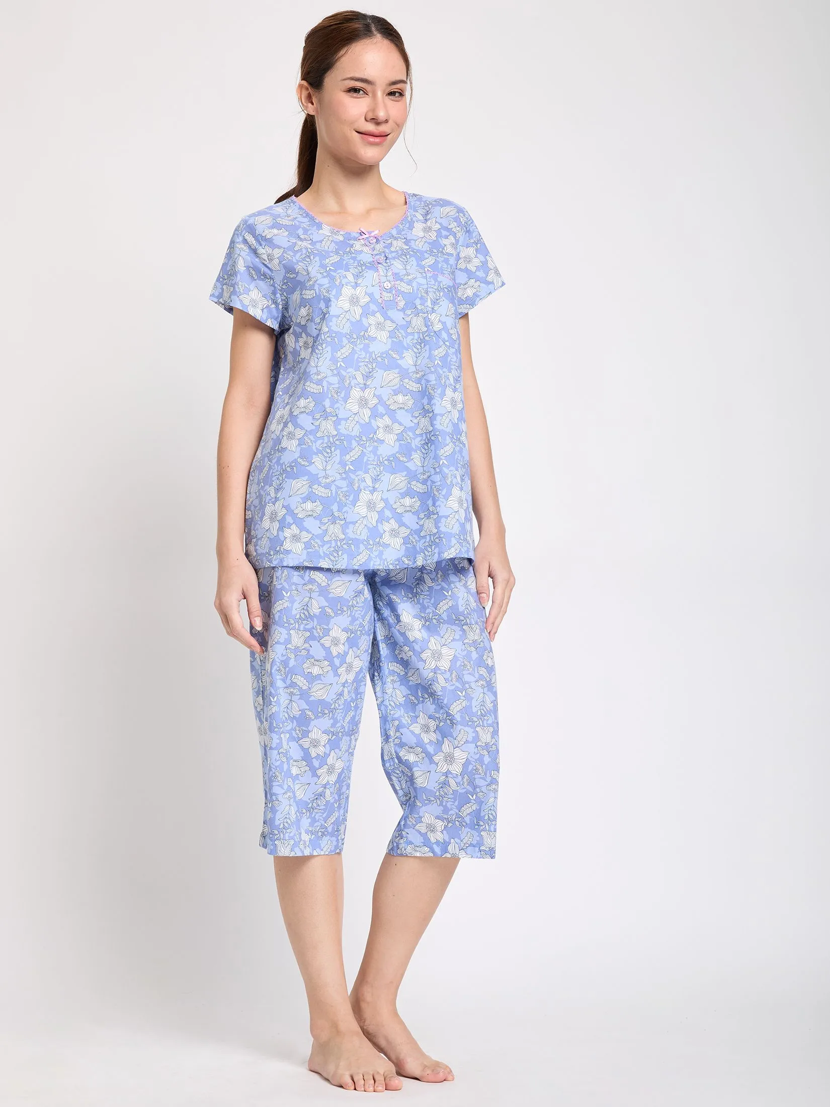 CLAUDIA'S ROMANCE Women Pyjamas Polo Round Neck + 3/4 Pants Print Blue