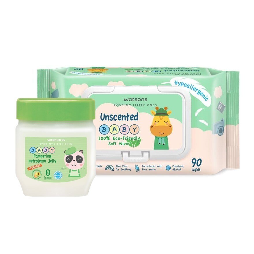 Watsons Pampering Baby Petroleum Jelly 100g+Unscented Baby Wipes 90sheets.