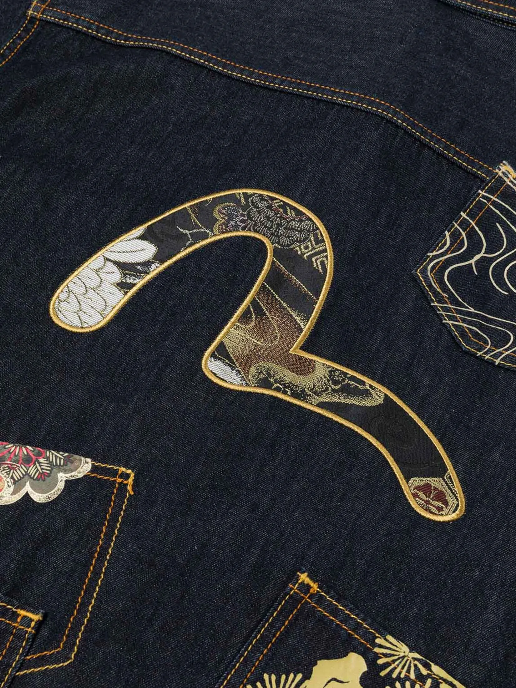 EVISU Men Shirt Denim Multi-pocket and Barcode Seagull Embroidery Regular Fit Navy