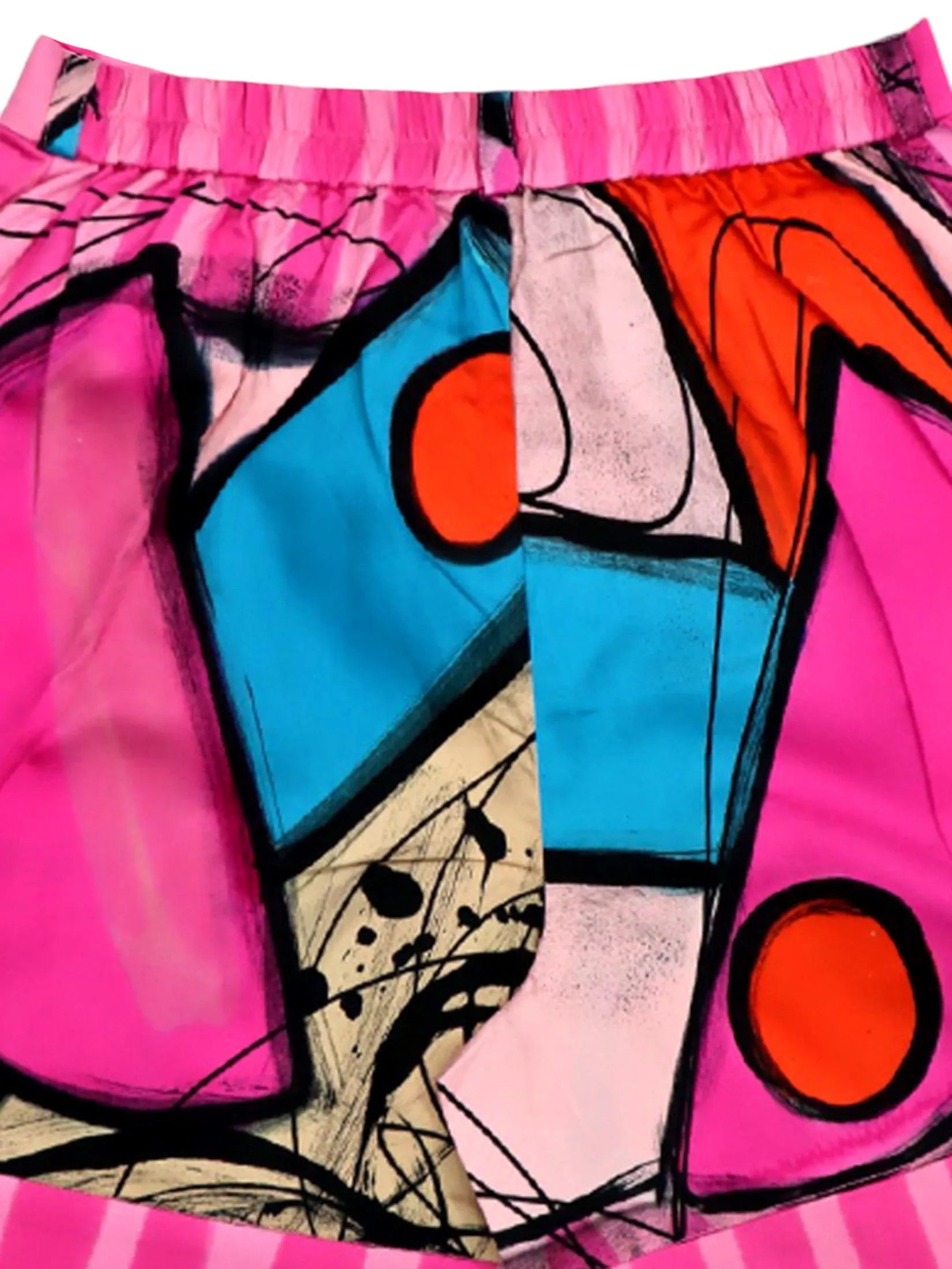 YODYOKO Woman Short Pants With Zipper - Pink : Abstract pink and red circles on square blocks.