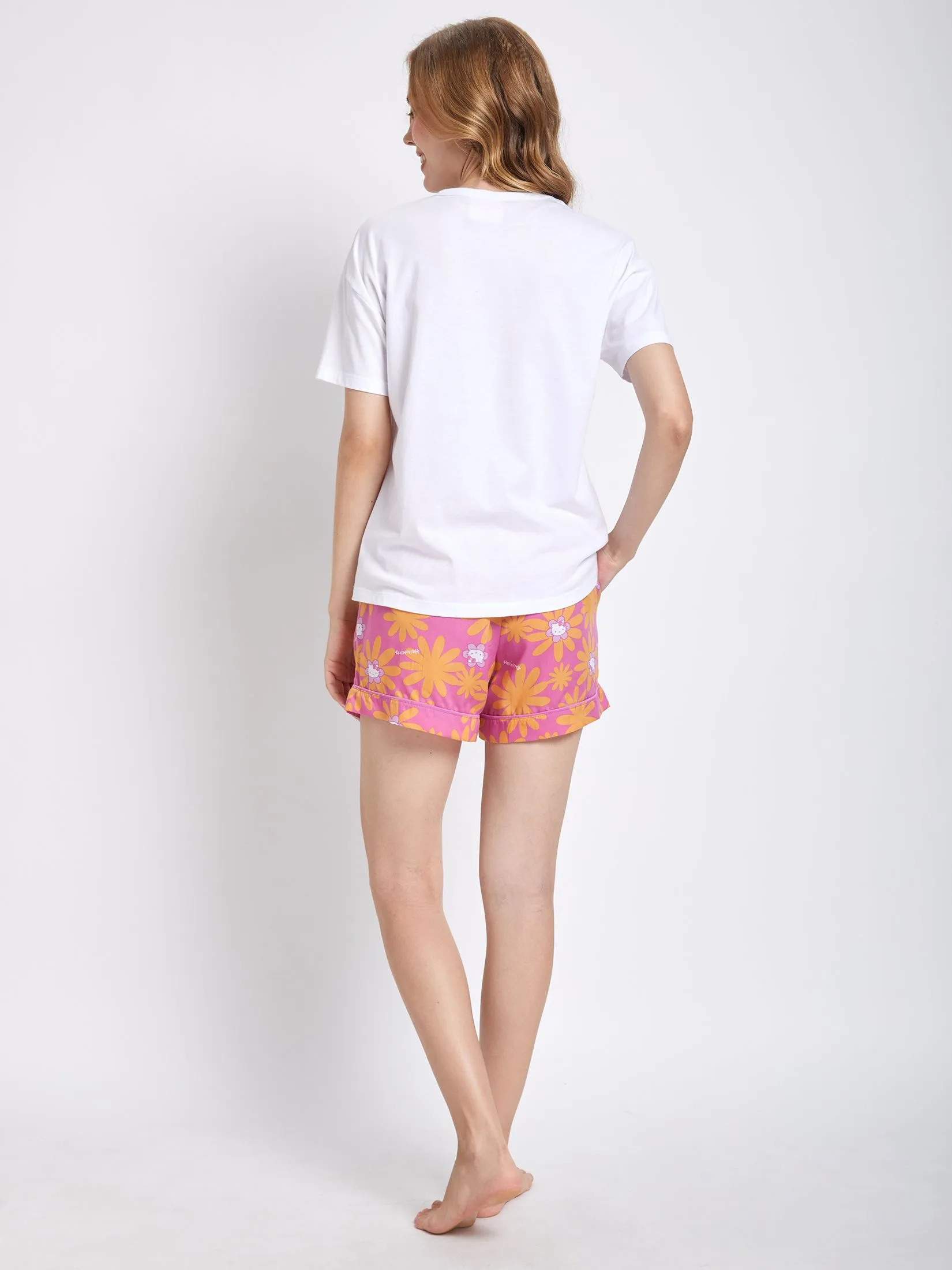 SANRIO Women Pyjamas T-Shirt Short Sleeves + Shorts Flower Face Hello Kitty Pink