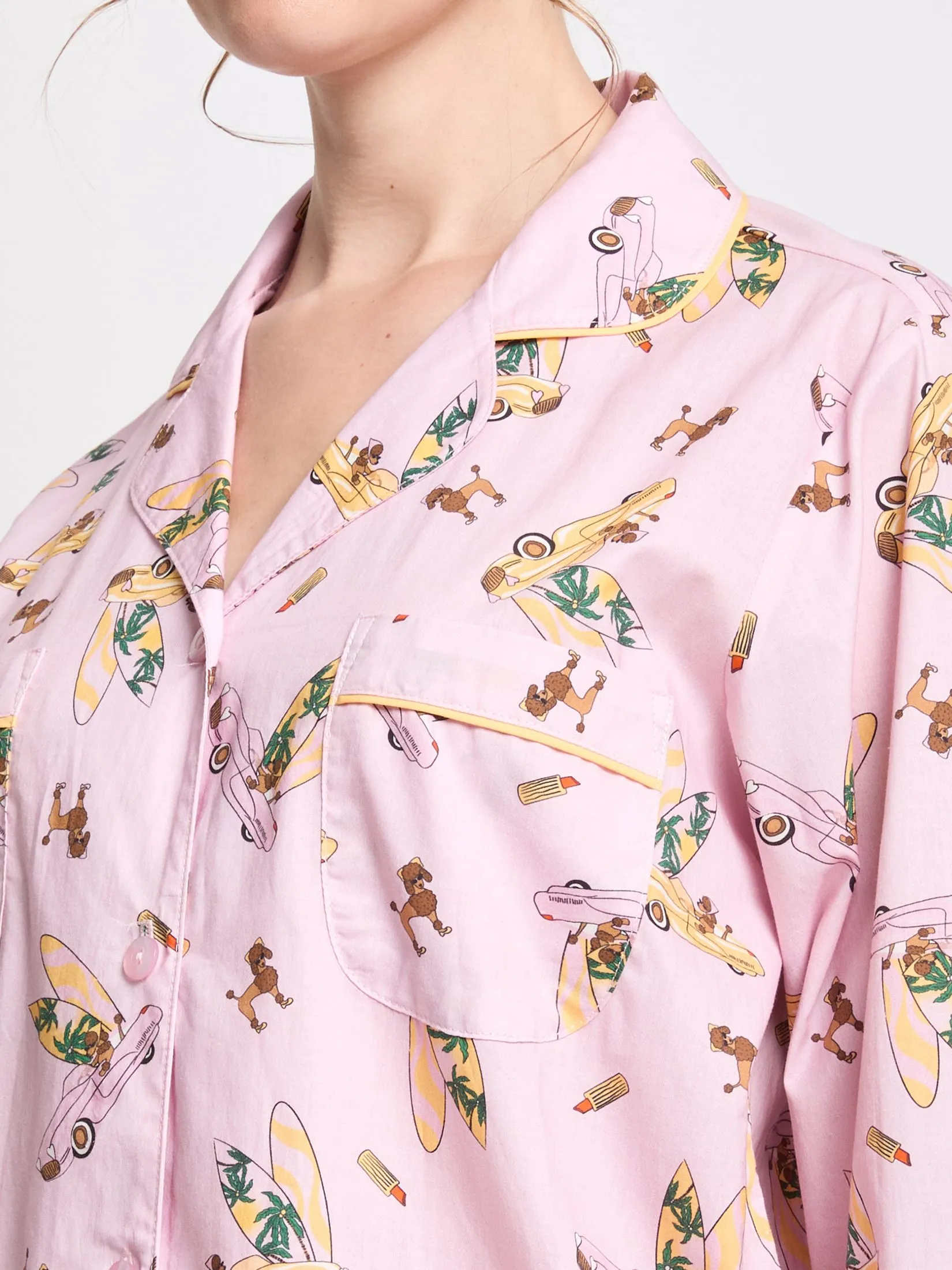 FOF Women Pyjamas Shirt Long Sleeves Collar Neck + Pants Print Light Pink