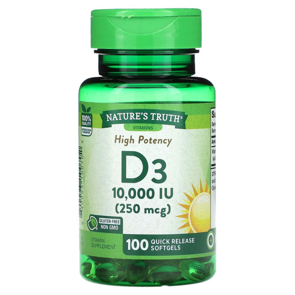 Nature's Truth, Vitamin D3, High Potency, 250 mcg (10,000 IU), 100 Quick Release Softgels - NTH-10070-1000 МЕ | 250 шт.