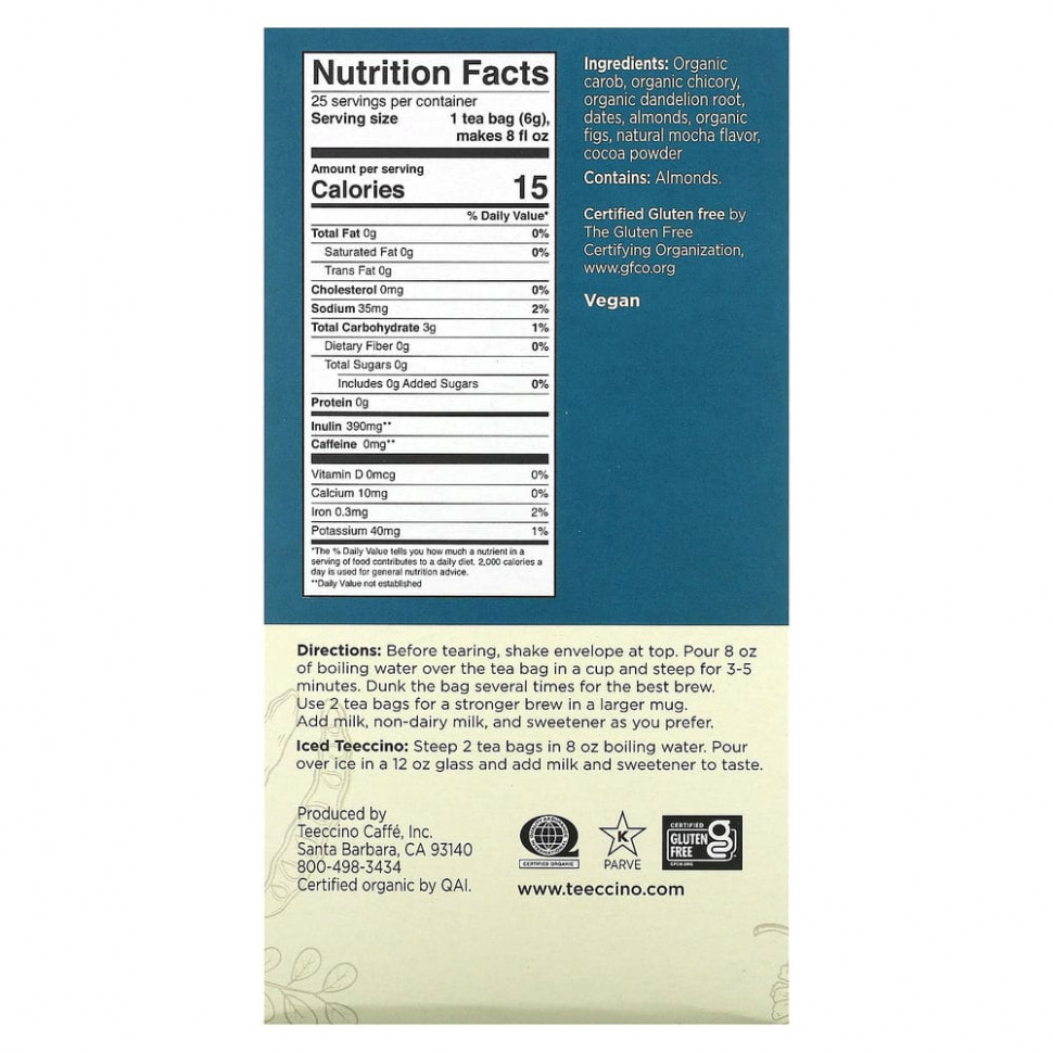 Teeccino, Жареный травяной чай, мокко из одуванчика, без кофеина, 25 чайных пакетиков, 150 г (5,3 унции)