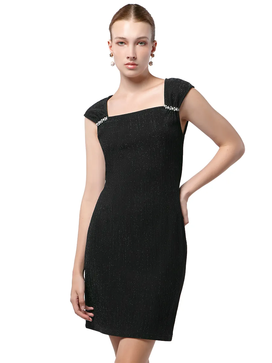 F-FASHION Glitter Textured Knit Dress Women BLACK Size - M