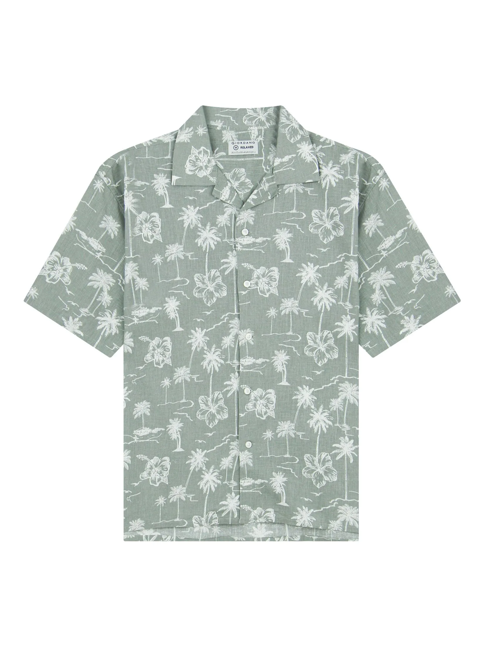 GIORDANO Men's Relax Printed Linen Shirt Green x White