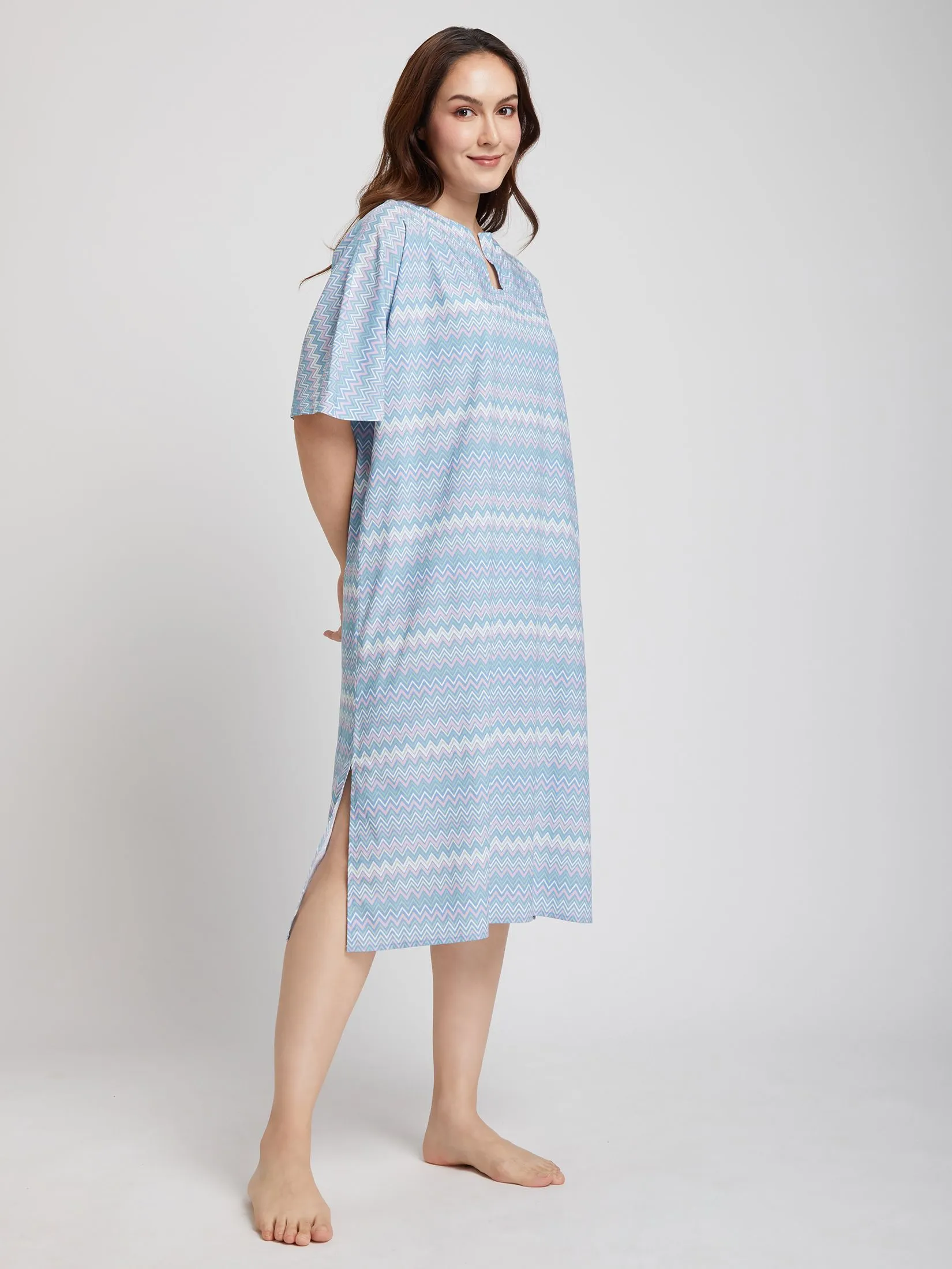 ELIZABETH Women Night Dress Short Sleeves Round Neck Stripe Print Multi-Color