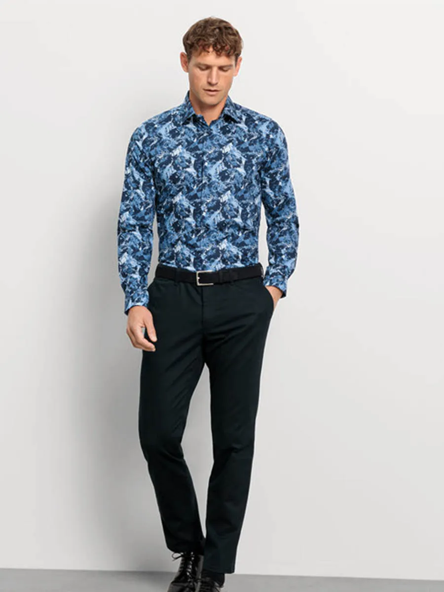 OLYMP MEN SHIRT LONG SLEEVES BUSINESS SHIRT BODY FIT BLUE GRAPHIC PRINT