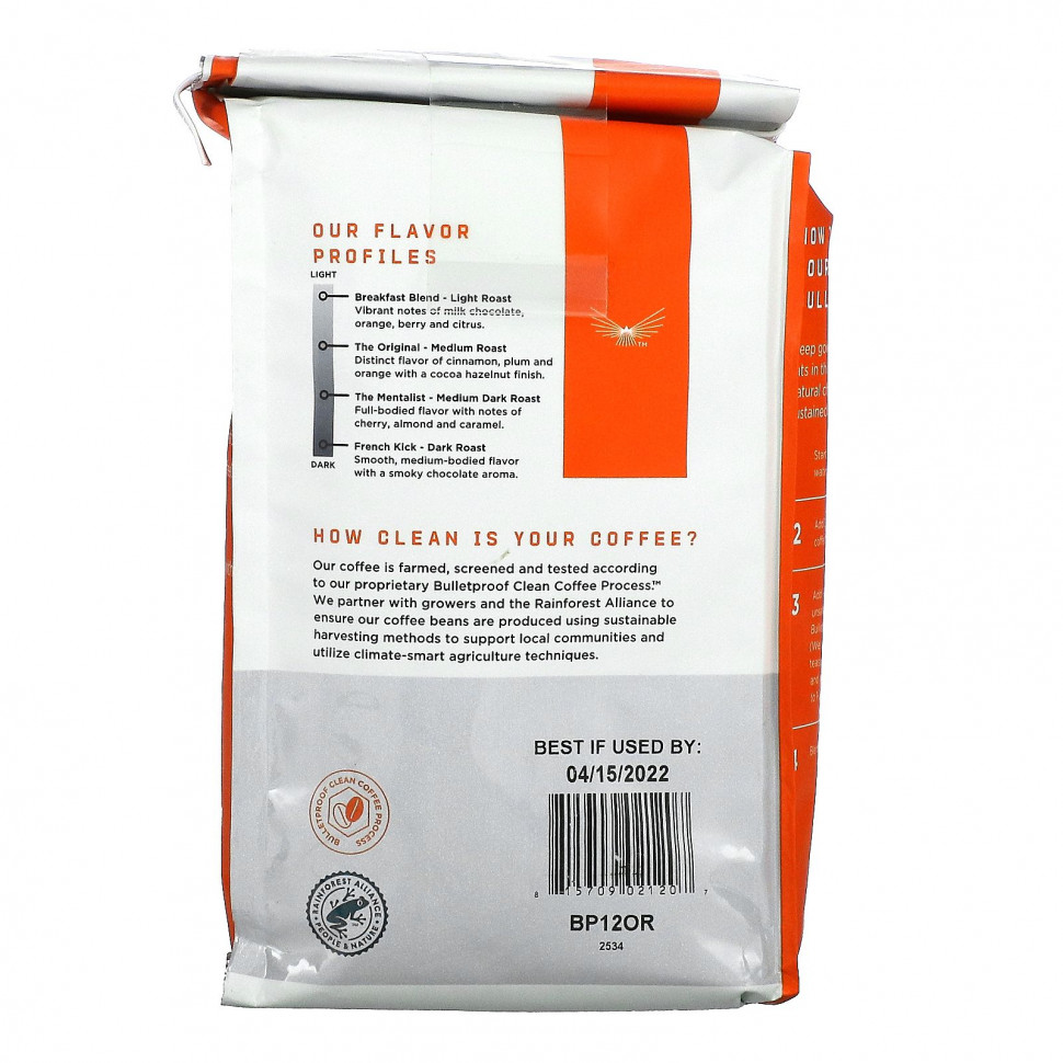 BulletProof, кофе, оригинальный, средней обжарки, зерновой, 340 г (12 унций)