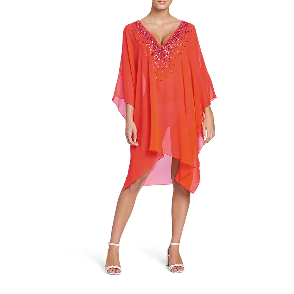 ANGELYS BALEK Orange Deep V - Neck  Women  Dress