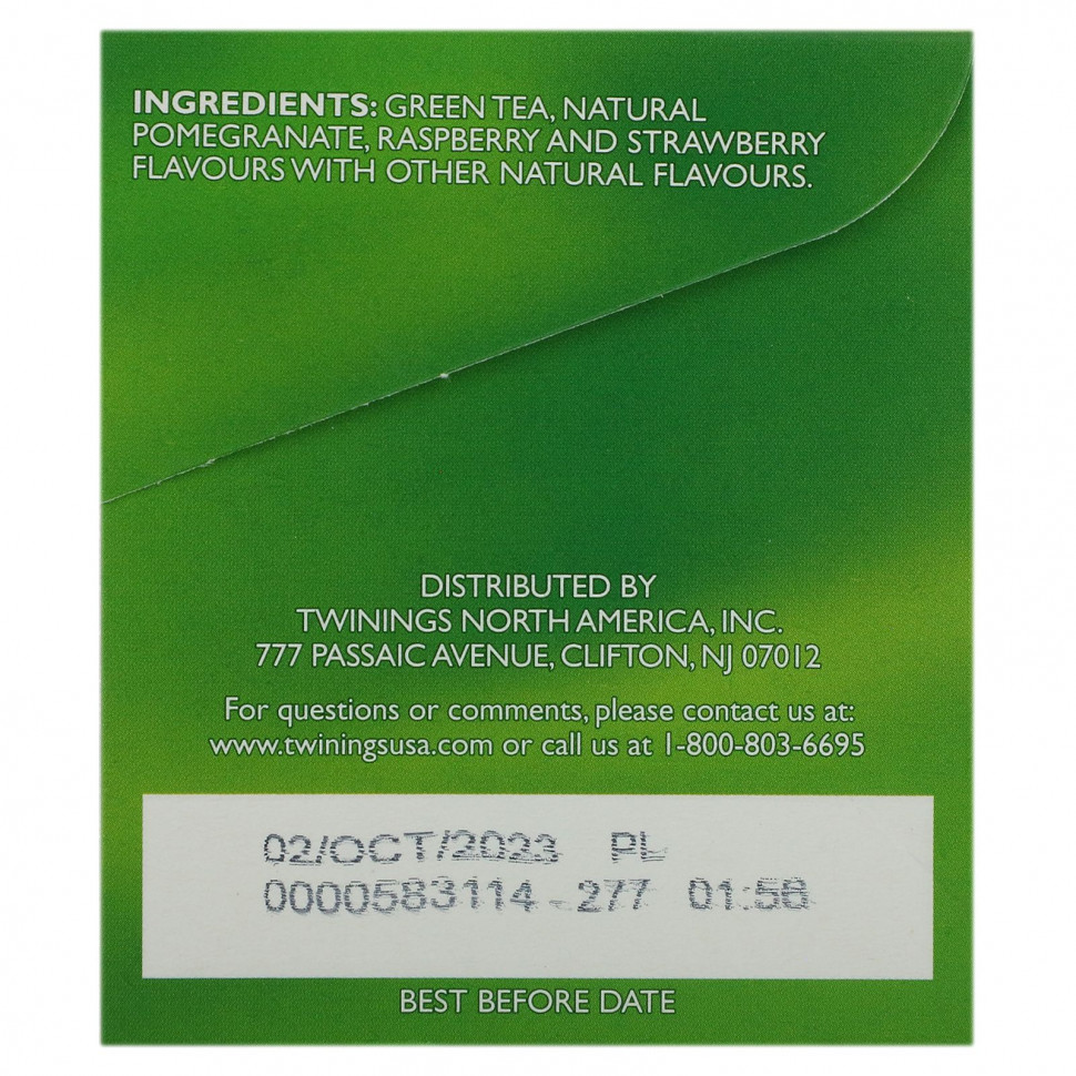 Twinings, зеленый чай, гранат, малина и клубника, 20 чайных пакетиков, 30 г (1,06 унции)