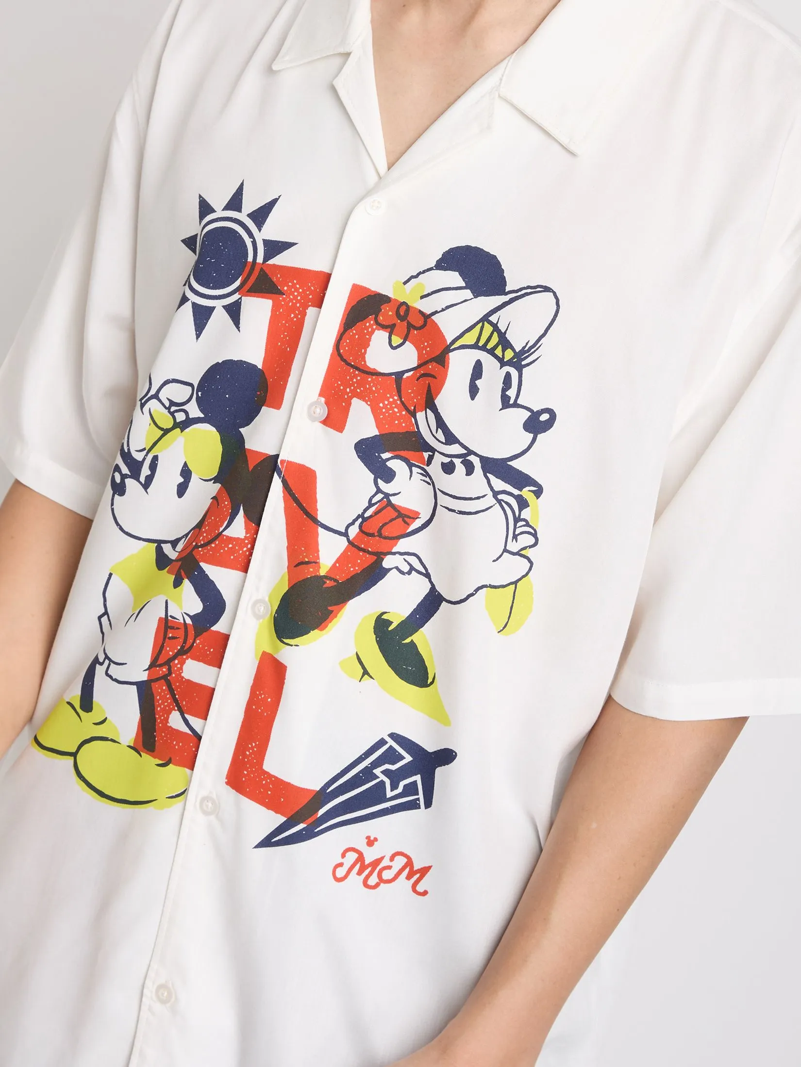 PACIFIC UNION Men Oversized Shirt Short Sleeves Mickey Mouse Graphic Printed White