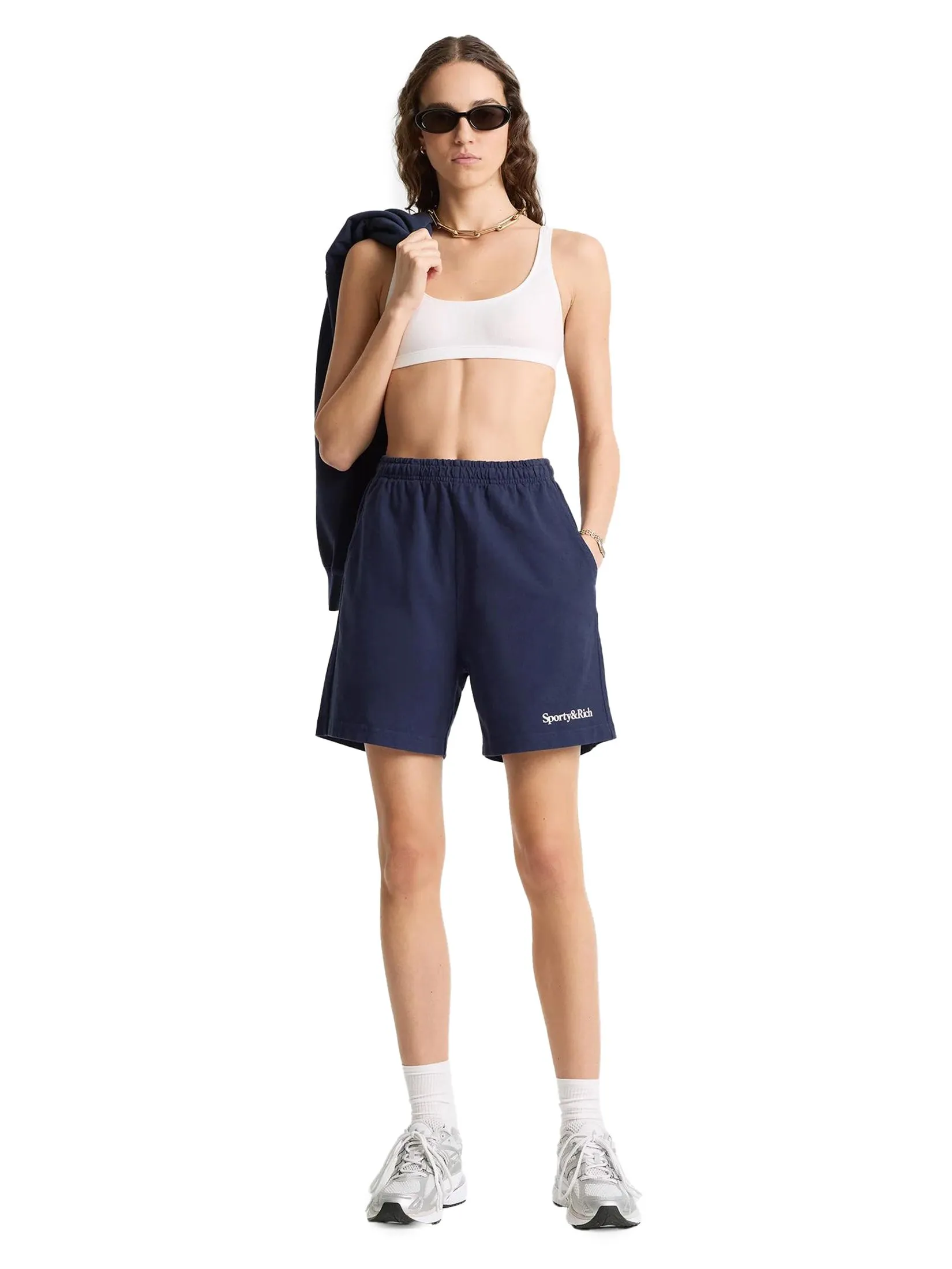 SPORTY & RICH Unisex Gym Short Serif Logo- Navy/White